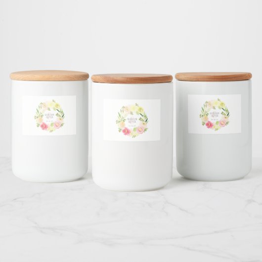 Roze en gele Waterverf Floral Wreate | Weddenschap Voedselcontainer Etiket (Flessen)