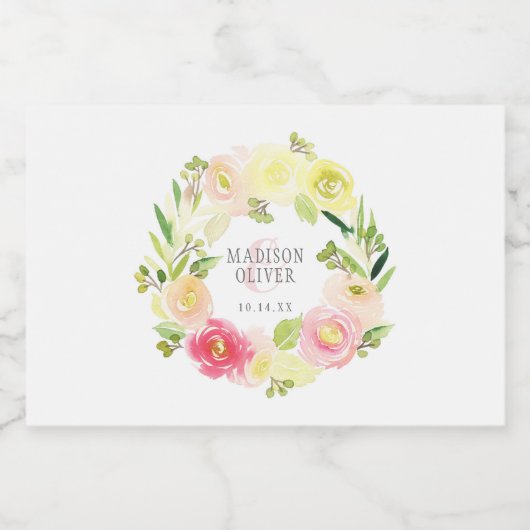 Roze en gele Waterverf Floral Wreate | Weddenschap Voedselcontainer Etiket (Enkel label)
