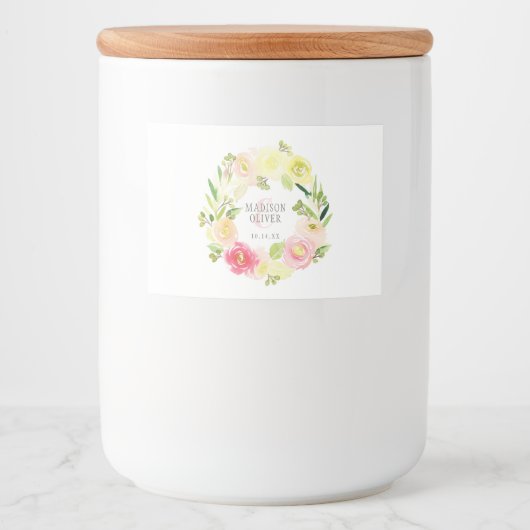 Roze en gele Waterverf Floral Wreate | Weddenschap Voedselcontainer Etiket (Voorkant)