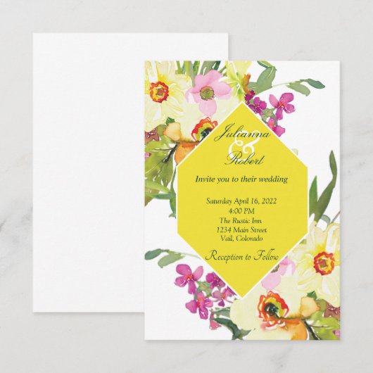 Roze en gele waterverf florale bruiloft kaart (Voorkant / Achterkant)