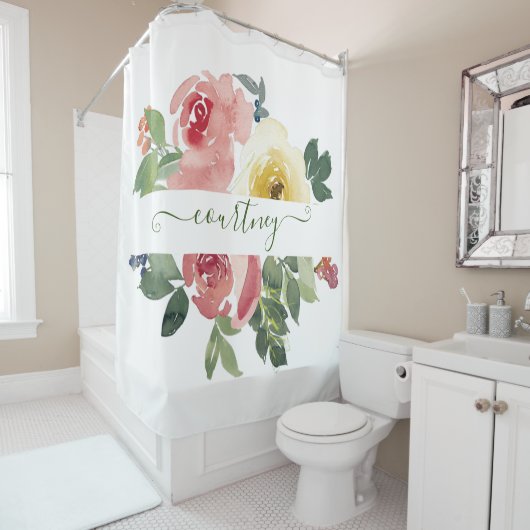 Roze en gele waterverf floreel gepersonaliseerd douchegordijn (In situ)