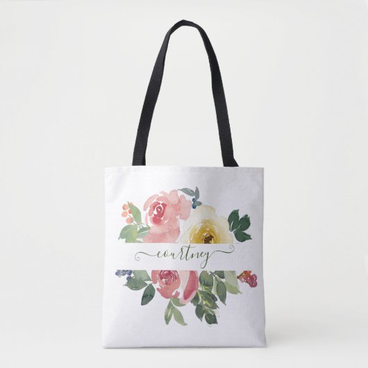 Roze en gele waterverf floreel gepersonaliseerd tote bag (Voorkant)