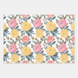 Roze en gele waterverf roos inpakpapier vel