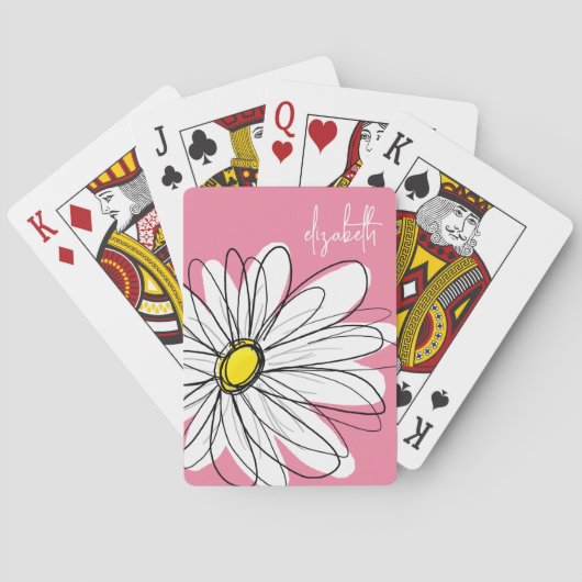 Roze en gele whimsical Daisy Custom Text Pokerkaarten (Achterkant)