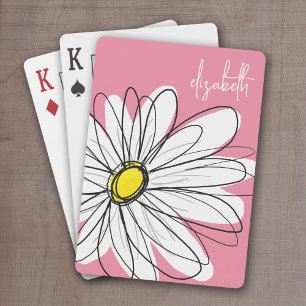 Roze en gele whimsical Daisy Custom Text Pokerkaarten