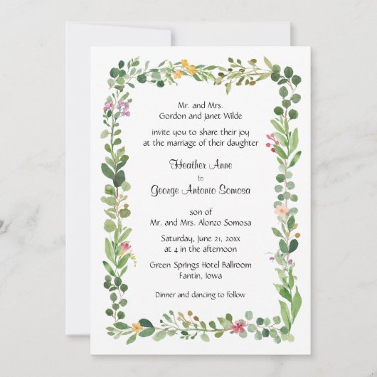 Roze en Gele Wildbloemen en Groen Bruiloft Kaart (Voorkant)