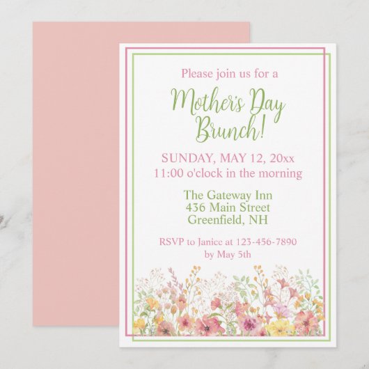 Roze en Gele Wildflower Moederdag Brunch Kaart (Voorkant / Achterkant)