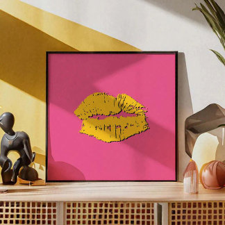 Roze en Gele Zoenende Lippen Poster