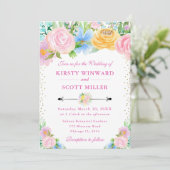 Roze en Gele Zomer Bloemen Bruiloft Kaart (Staand voorkant)