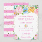 Roze en Gele Zomer Bloemen Bruiloft Kaart (Voorkant / Achterkant)