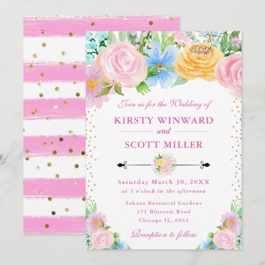 Roze en Gele Zomer Bloemen Bruiloft Kaart (Voorkant / Achterkant)