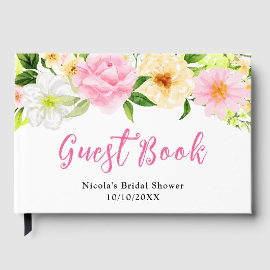 Roze en gele zomerbloemen Bruidsdouche Gastenboek (Voorkant)