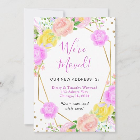 Roze en gele zomerbloemen Frame We zijn verhuisd Aankondiging (Voorkant)