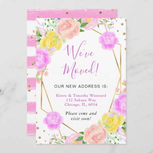 Roze en gele zomerbloemen Frame We zijn verhuisd Aankondiging (Voorkant / Achterkant)