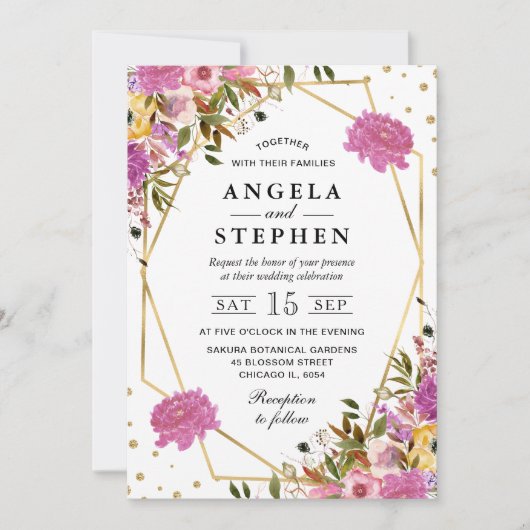 Roze en Gele Zomerbloemen Gouden Lijst bruiloft Kaart (Voorkant)