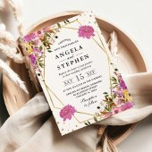 Roze en Gele Zomerbloemen Gouden Lijst bruiloft Kaart