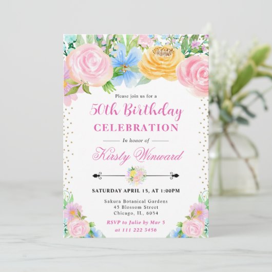 Roze en Gele Zomerbloemen Verjaardag Kaart (Staand voorkant)