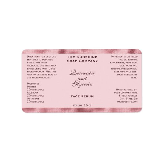 Roze en Geweven Roze Folie Cosmetica Dropper Fles Etiket (Voorkant)