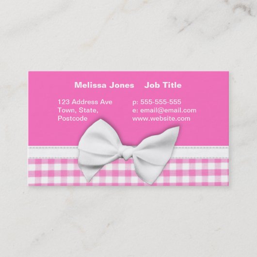 Roze en girale gingham met lintboog visitekaartje (Voorkant)