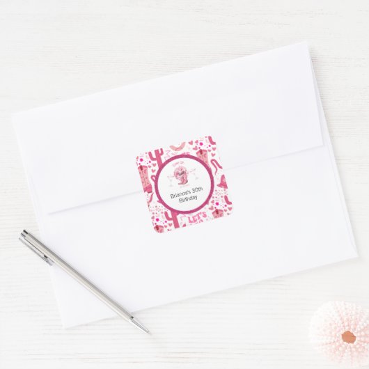  roze en glitter cowgirl verjaardag vierkante sticker (Envelop)
