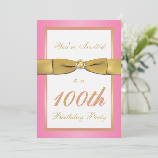 Roze en Gold 100e verjaardag uitnodiging (Staand voorkant)