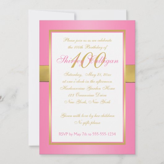 Roze en Gold 100e verjaardag uitnodiging (Achterkant)