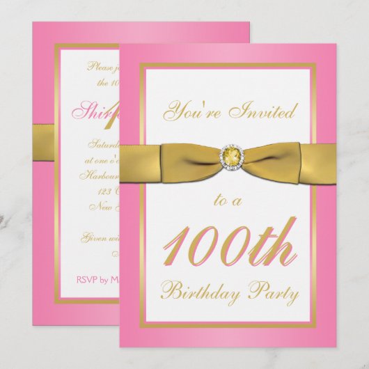 Roze en Gold 100e verjaardag uitnodiging (Voorkant / Achterkant)