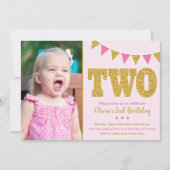 Roze en Gold 2e verjaardag Uitnodiging met foto (Voorkant)