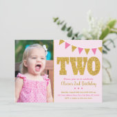 Roze en Gold 2e verjaardag Uitnodiging met foto (Staand voorkant)