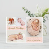 Roze en Gold 4 Fotocollage geboorteaankondiging Aankondiging (Staand voorkant)