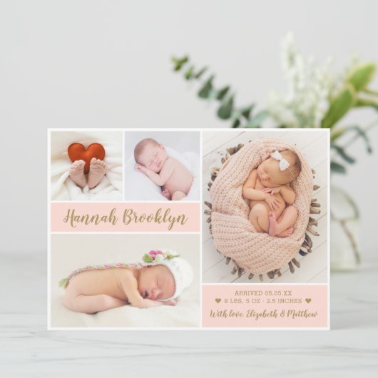 Roze en Gold 4 Fotocollage geboorteaankondiging Aankondiging (Staand voorkant)
