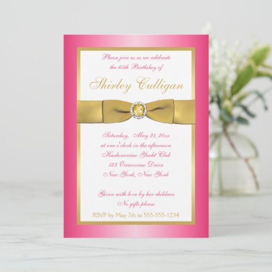 Roze en Gold 65e verjaardag uitnodiging (Staand voorkant)