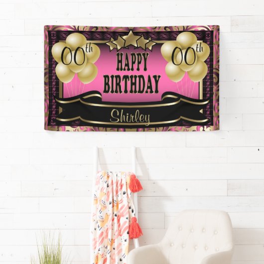 Roze en Gold Abstract Happy 00th Birthday Spandoek (Insitu)