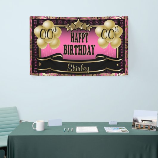 Roze en Gold Abstract Happy 00th Birthday Spandoek (Beurs)