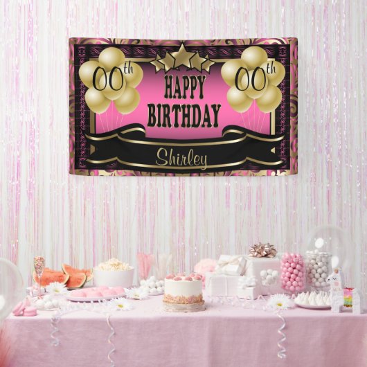 Roze en Gold Abstract Happy 00th Birthday Spandoek (Feest)