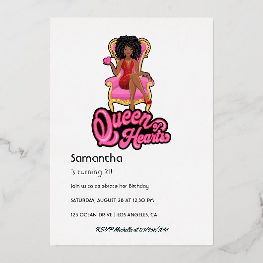 Roze en Gold Afro Birthday Party Folie Invitation Folie Uitnodiging (Achterkant)