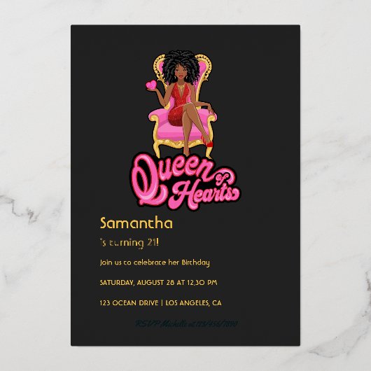 Roze en Gold Afro Birthday Party Folie Invitation Folie Uitnodiging (Achterkant)