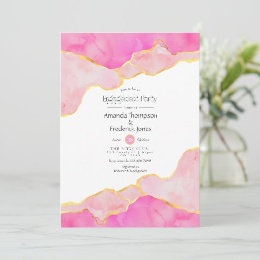Roze en Gold Agate Engagement Party Kaart (Staand voorkant)