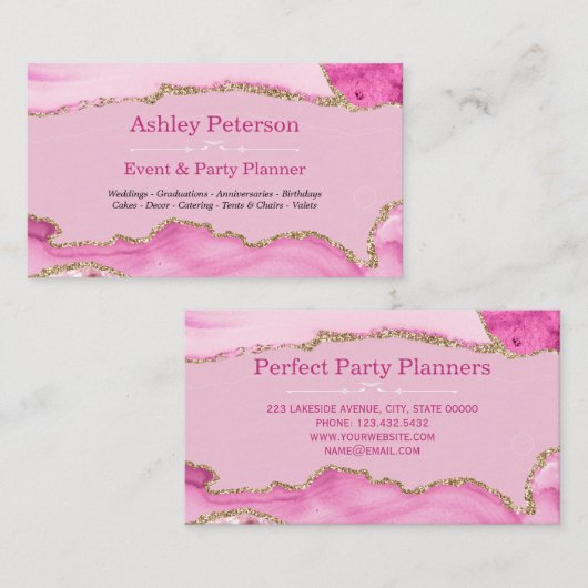 Roze en Gold Agate Faux Glitter Visitekaartje (Voorkant / Achterkant)