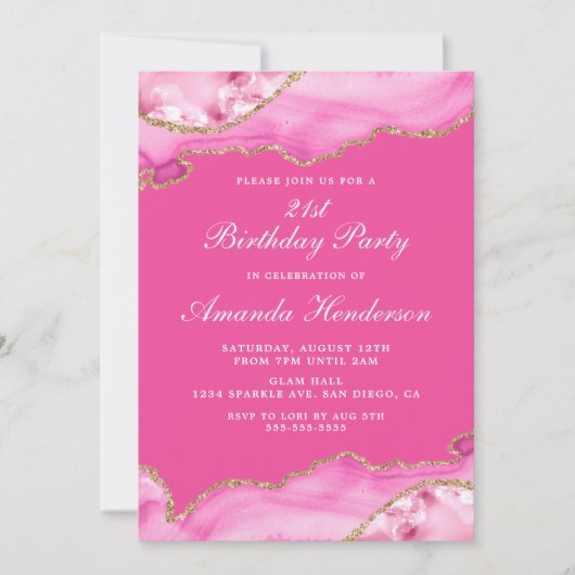 Roze en Gold Agate Marble Invitation Kaart (Voorkant)