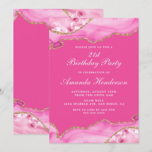 Roze en Gold Agate Marble Invitation Kaart (Voorkant / Achterkant)