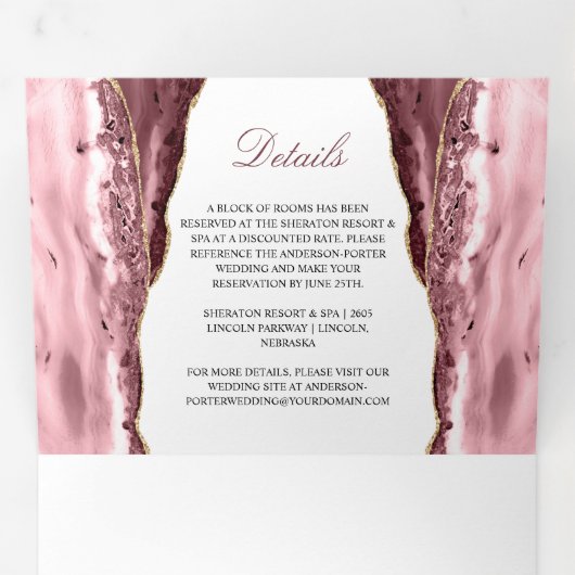 Roze en Gold Agate op het witte huwelijk Drieluik Uitnodiging (Binnenzijde eerst)
