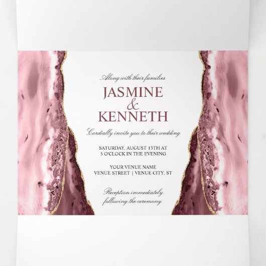 Roze en Gold Agate op het witte huwelijk Drieluik Uitnodiging (Binnenkant midden)