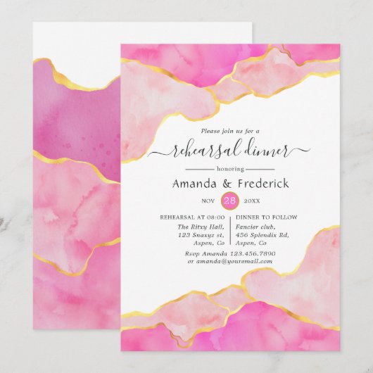 Roze en Gold Agate repesal Dinner Kaart (Voorkant / Achterkant)