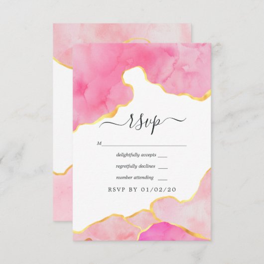 Roze en Gold Agate Wedding RSVP Kaartje (Voorkant / Achterkant)