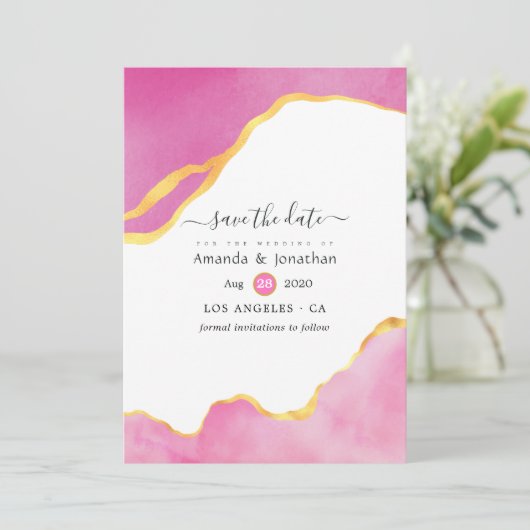Roze en Gold Agate Wedding Save The Date (Staand voorkant)