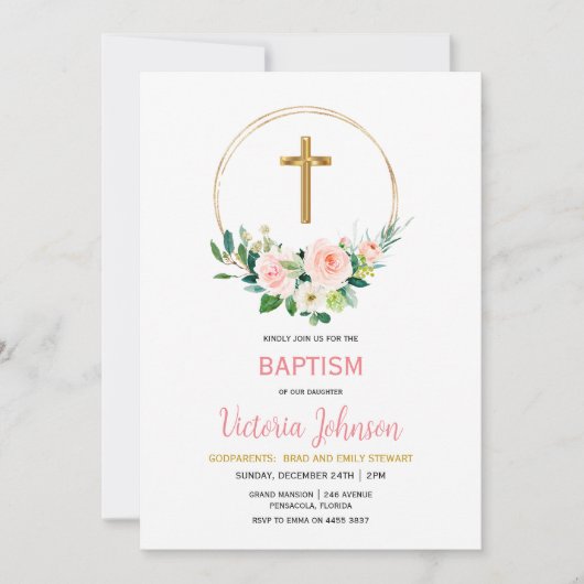 Roze en Gold Baptism Invitation Kaart (Voorkant)
