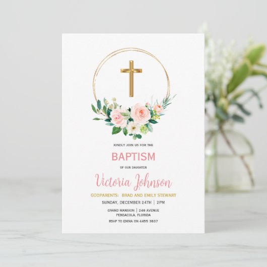 Roze en Gold Baptism Invitation Kaart (Staand voorkant)