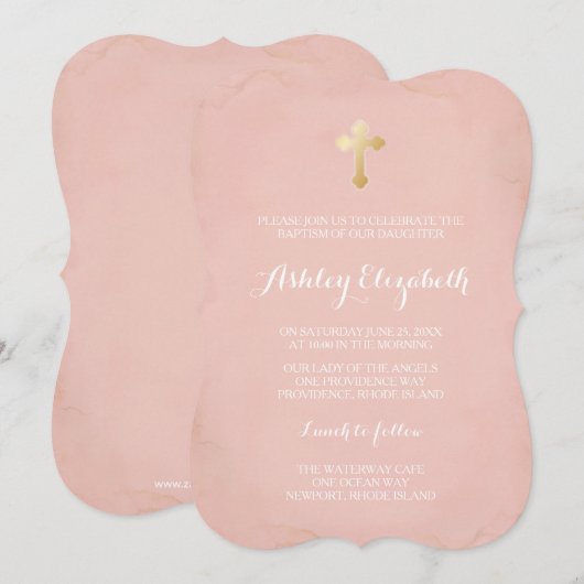 Roze en Gold Baptisme Invitation ~ Faux Gold Kaart (Voorkant / Achterkant)