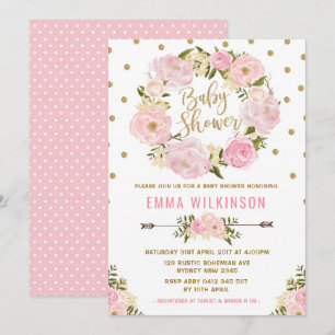 Roze en Gold Boho Floral Baby shower Kaart